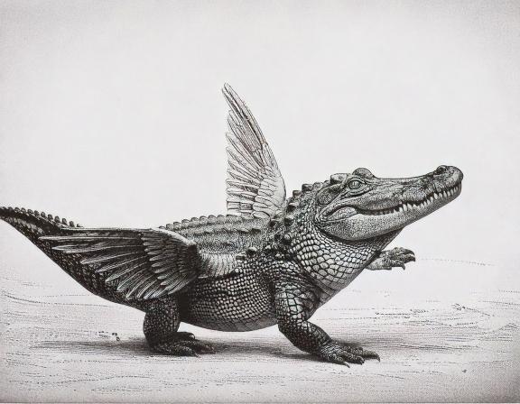 A large crocodile with small wings straining upward toward the stars.