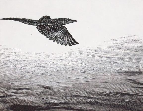 Artistic reconstruction of Protosuchus volans soaring above a body of still water.