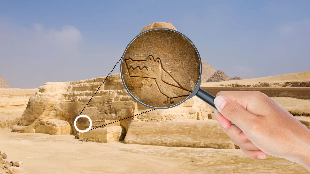 An image of the Sphinx overlaid with a hand holding a magnifying glass. The image within is a zoomed in view of a Crocoduck carving on the base of the Sphinx.