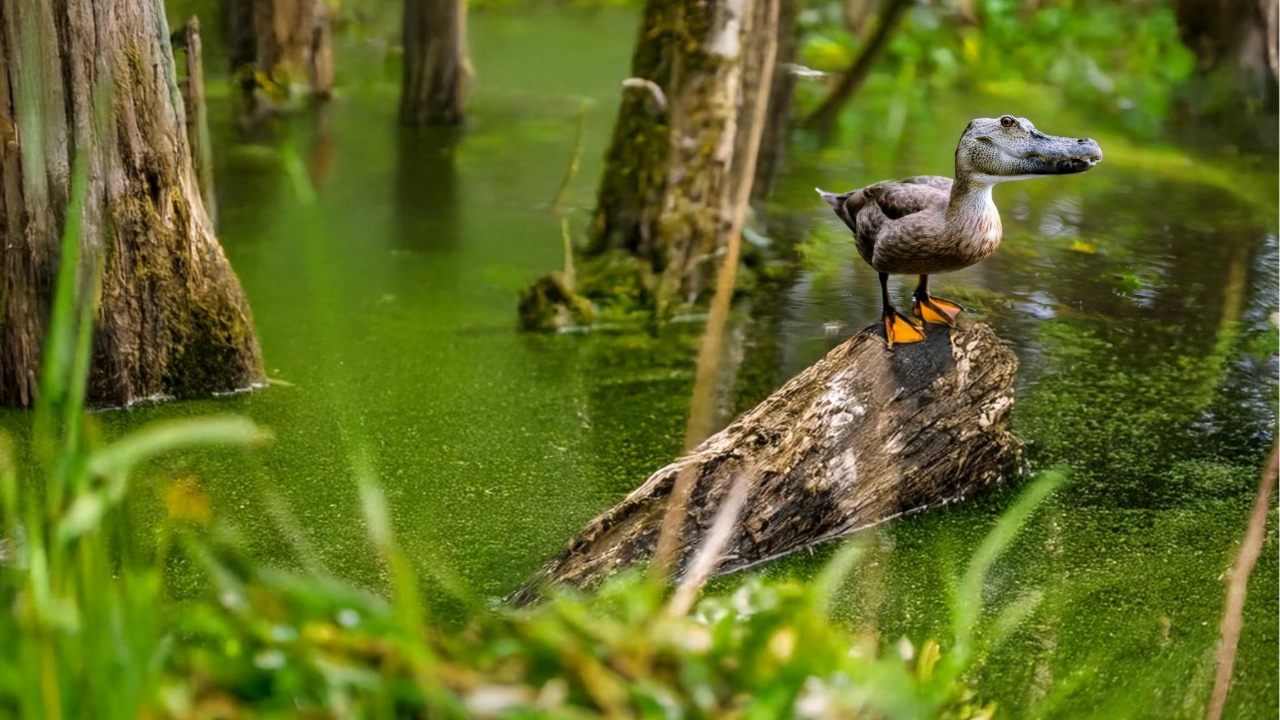 A photograph of a Crocoduck in the wild. Shot during a yearly pilgrimage in the Okavango Delta, Botswana, June 2018. Credit: General B.K.